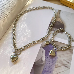 Collar con Broche de Palanca de Acero de Titanio Pulsera de Doble Capa Para Mujer Estilo Minimalista Cool Tono Plateado Colgante Corazón Joyería