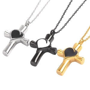 Cross heart cremation urn necklaces in silver, black, and gold stainless steel