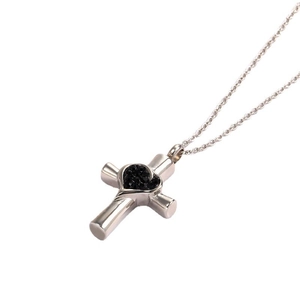 Collier flacon de parfum croix avec cœur en cristaux noirs sur métal argenté