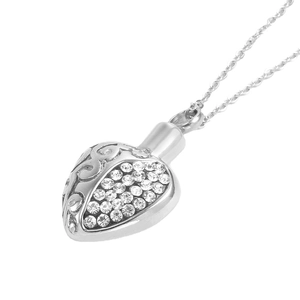 Polished silver heart urn necklace with sparkling crystals and filigree details