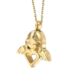 Golden angel urn necklace with heart pendant for ashes made of polished stainless steel