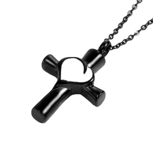 Black cross cremation urn necklace with white heart inlay made of stainless steel