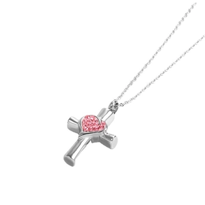 Collier avec pendentif flacon de parfum croix argentée et cristal de cœur rose