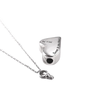 Polished heart shaped stainless steel Mom urn necklace with Forever In My Heart engraving