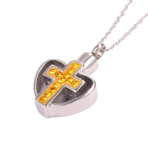 Silbernes Herz Kreuz Urne Halskette mit gelben Kristallen auf polierter Kette