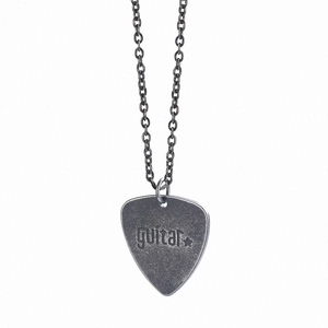 Minimalist stainless steel guitar pick necklace with rock music engraving on a white background