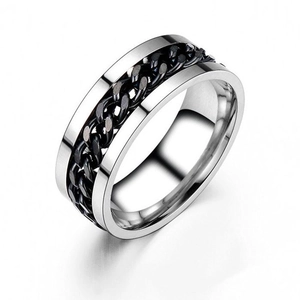 Rotating stainless steel chain ring for men with silver finish and black cuban link center
