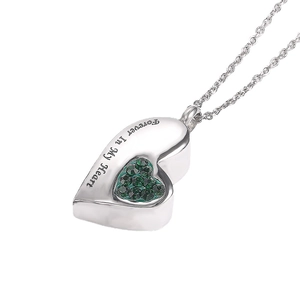 Silver heart urn necklace with green crystals and Forever In My Heart engraving