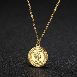 Collana in acciaio inossidabile placcato oro 18K con ciondolo moneta Regina Elisabetta