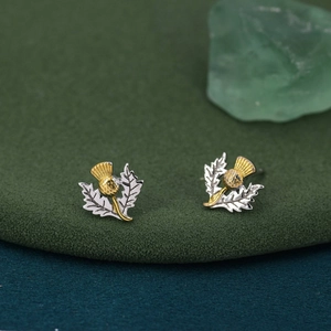 Orecchini a Bottone Cardo Scozzese Vintage Rame Zirconia Bicolore Oro Argento Placcato Gioielli Botanici per Donna Uomo