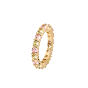 Elegant gold eternity ring with alternating pink and yellow round-cut zircon stones