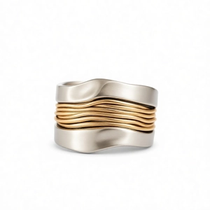 Modern wide wave ring with silver edges and multi-layer gold wire minimalist design