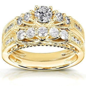 Conjunto de Anillos de Aleación de Zirconia Chapado en Oro Vintage para Mujer Anillo de Compromiso de Cristal Redondo Calado
