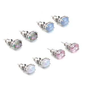 Oval opal stud earrings set with four-prong silver metal setting in four colors