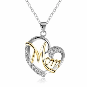 Collier cœur argent et or avec inscription Mom et zircon pour la fête des mères