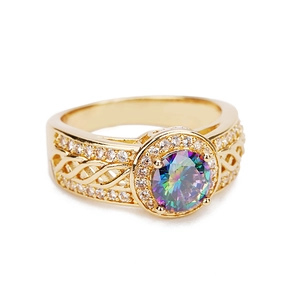 Gold Plated Copper Round Rainbow Zirconia Ring Vintage Hollow Woven Design Colorful Gemstone Ring For Men Women Jewelry