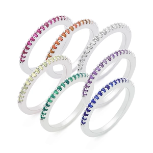Set of six thin minimalist silver eternity rings with multi-colored cubic zirconia stones