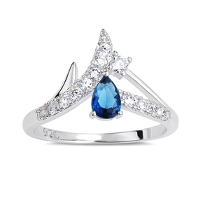 S925 Sterling Silber Kronenring mit birnenförmigem blauem Saphir und weißen Zirkonia