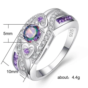 925 silver ring with rainbow gemstone and purple heart zircon, elegant wedding jewelry