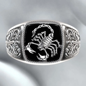 Retro gothic silver mens ring featuring a black scorpion relief and vintage floral patterns