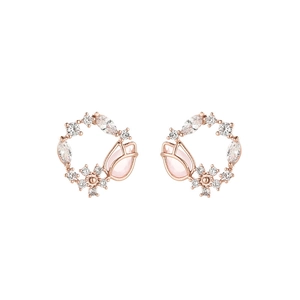 Rose Gold Flower Wreath Stud Earrings With Pink Tulip Artificial Opal Zirconia For Women Elegant Korean Fashion Jewelry