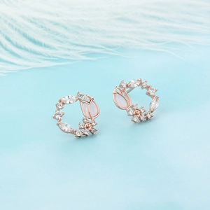 Exquisite rose gold tulip wreath earrings with pink crystal and sparkling zircon accents