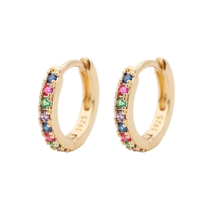 Detail of S925 silver gold hoop earrings featuring multi-color rainbow stones inlay