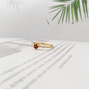 Macro shot of S925 sterling silver stamp on golden ruby ring placed on a book