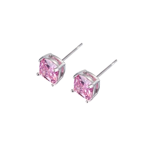 Elegant square cushion-cut pink opal stud earrings with secure four-prong silver setting
