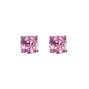 Minimalist square-cut pink opal stud earrings with classic four-prong silver setting