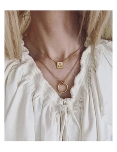 Retro gold layered titanium steel necklace featuring a square initial A pendant and ring
