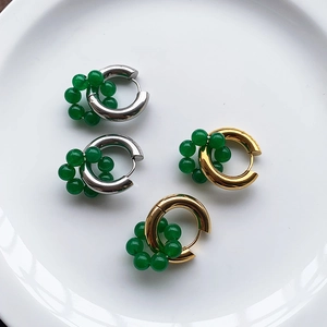 Retro titanium steel hoop earrings with green emerald beads in gold and silver finish