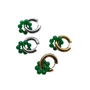Vintage titanium steel hoop earrings with emerald green beads in gold and silver finish