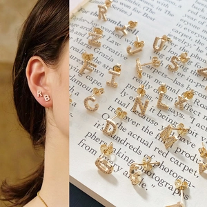 Gold Plated Copper Zirconia Initial Letter Stud Earrings With 925 Sterling Silver Earring Post Shiny Tiny Alphabet Piercing