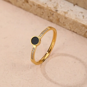 Classic titanium steel ring with black enamel circle and Roman numerals for women