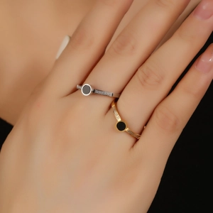 Titanium steel ring with Roman numerals and crystals in gold and silver finish