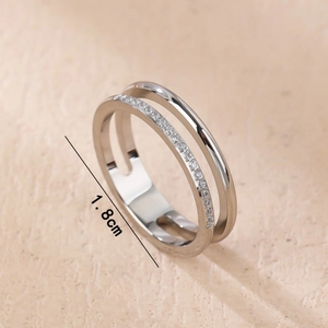 Double-layered silver titanium steel ring with sparkling micro-pave zirconia stones