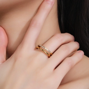 Elegant gold double-layer titanium steel ring with micro-pave cubic zirconia for women