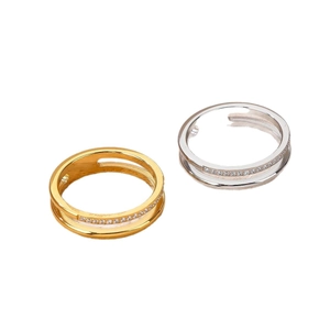 Double layered CNC paved zircon ring in gold and silver finish with adjustable open design