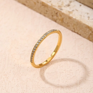 Elegant gold titanium steel ring with half-circle micro-pave cubic zirconia crystals