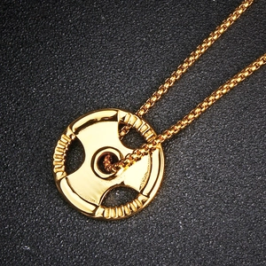Gold barbell weight plate pendant necklace for men featuring a premium box chain