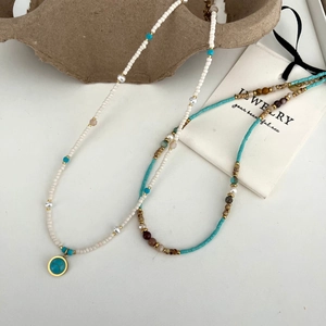 Handmade titanium steel layered necklace with natural turquoise beads and freshwater pearls