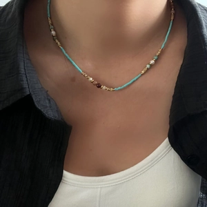 Titanium steel necklace with natural stones, freshwater pearls, and turquoise beads
