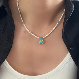 Bohemian freshwater pearl and turquoise beaded necklace with gold metal pendant for women