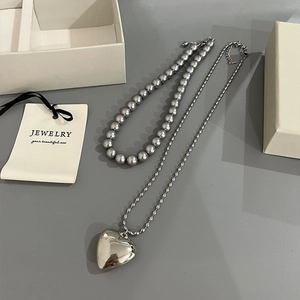 Korean Style Titanium Steel Heart Pendant Necklace Gray White Imitation Artificial Pearl Layered Chain Jewelry For Women