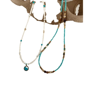 Bohemian multilayer necklace with freshwater pearls, turquoise stones and titanium steel