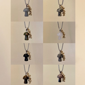 Natural Stone Mushroom Pendant Necklace Titanium Steel Gold Beads Grape Cluster Long Chain For Women Boho Jewelry