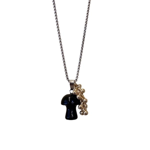 Titanium steel necklace featuring a black matte mushroom pendant and gold beads charms