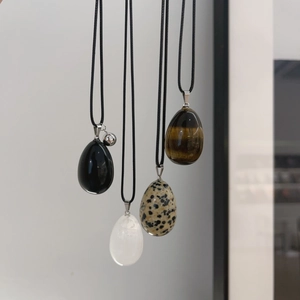 Natural Stone Egg Pendant Long Necklace For Women Tiger Eye Obsidian White Crystal Dalmatian Jasper Sweater Necklace Minimalist Jewelry Gift
