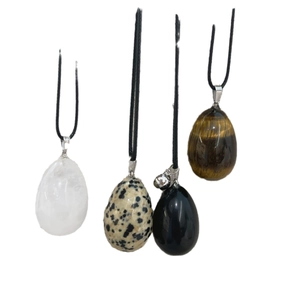 Egg-shaped natural stone pendants with tiger eye and obsidian on black cord necklaces